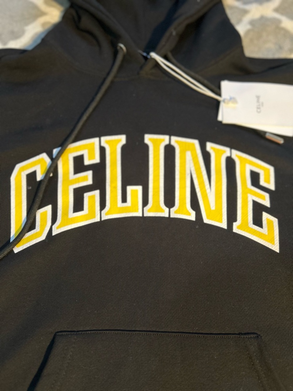 Celine Black Hoodie with White Tag Detail